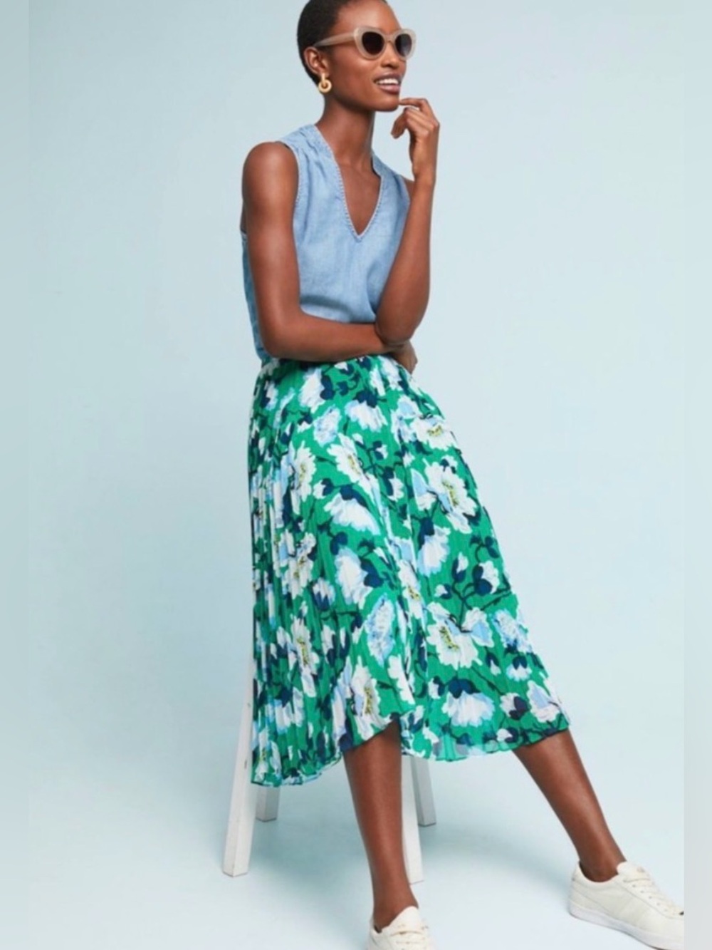 NWT- Maeve Anthropologie Floral Green Pleated Midi Skirt